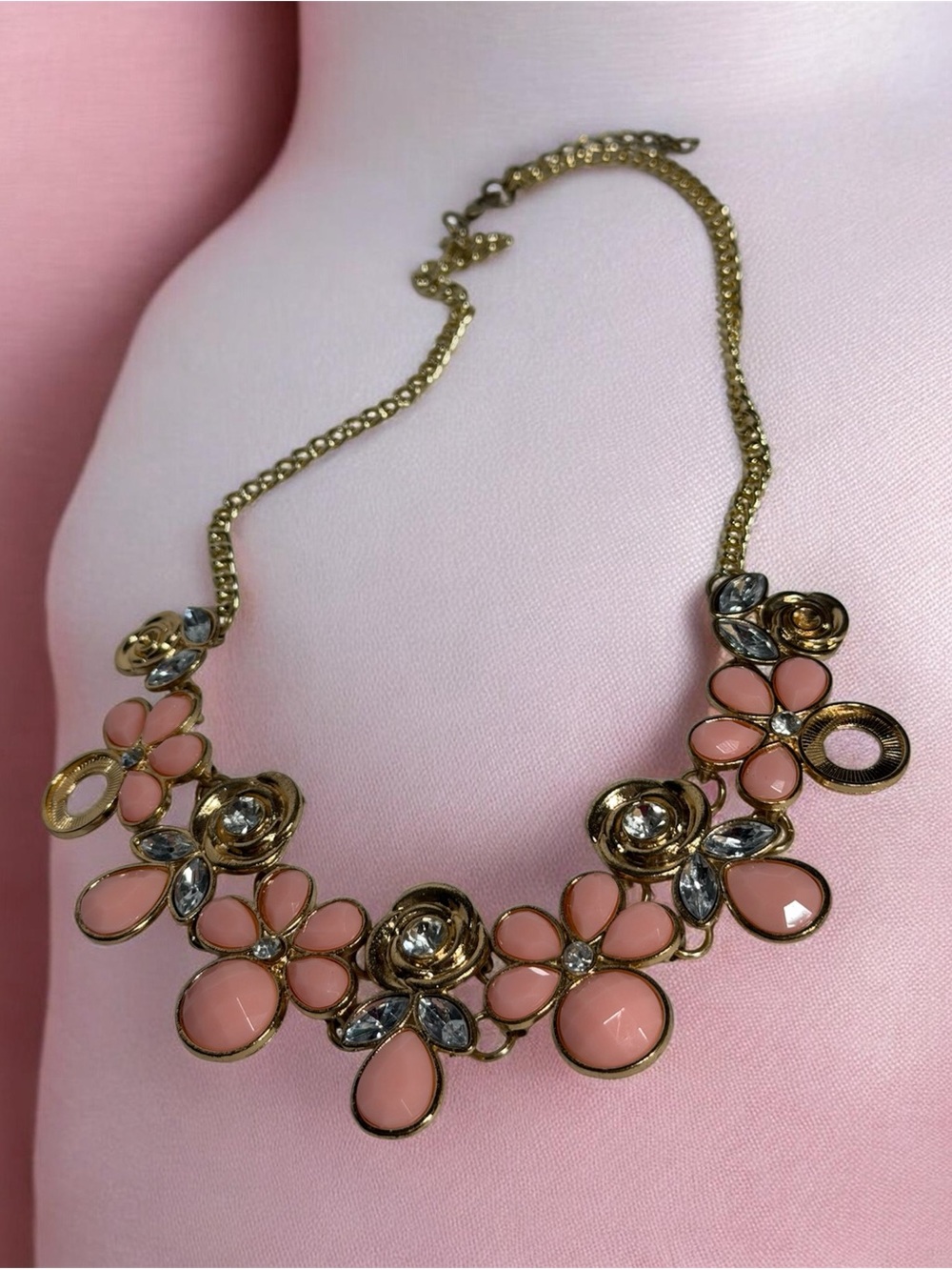 Pink Resin Petals Feminine Collar Necklace Clear Crystal Accents Statement 18 in